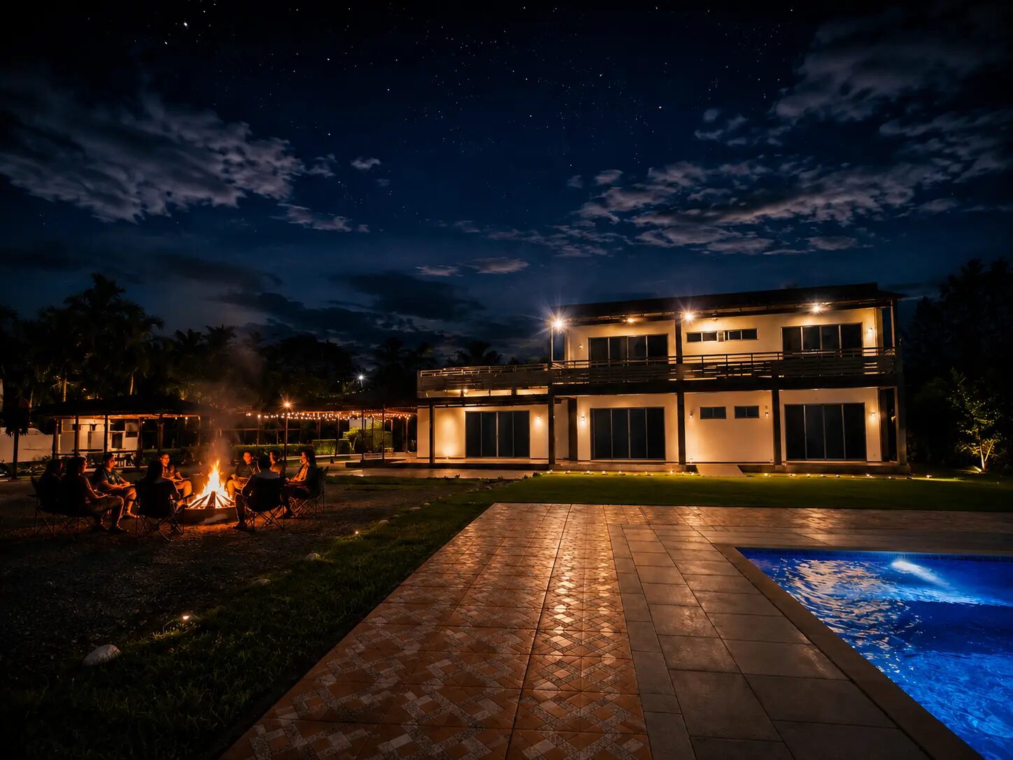 Casa de Finca Mana iluminada de noche durante una celebración